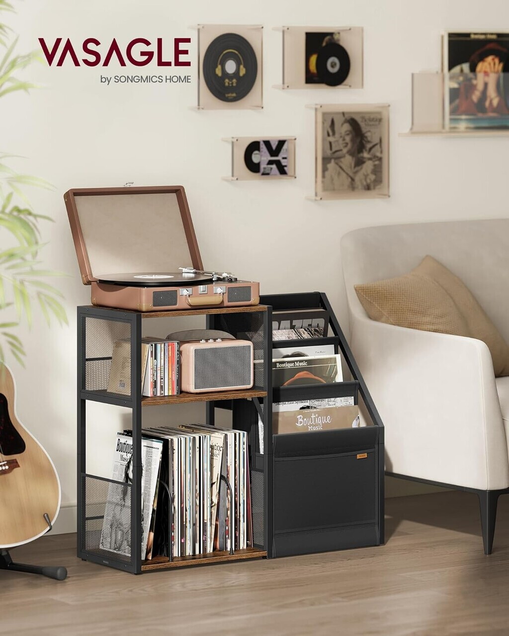 Suport pentru pick-up, Vasagle, spatiu depozitare pana la 140 discuri, 81x30x69 cm, maro rustic - imagine 7